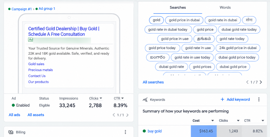 Gold & Precious Metals Brand - Google Search & Facebook Ads Campaign